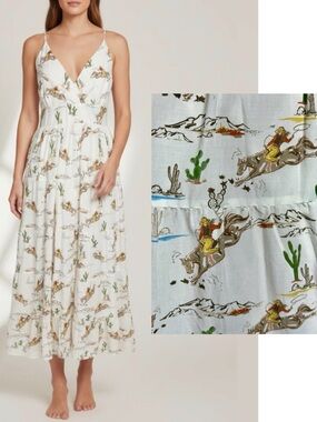NWT Reba Louise Cowboy Rodeo Western Print Tiered V-Neck Midi Dress Size Medium